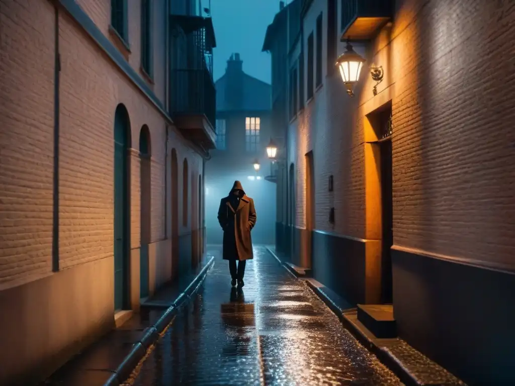 Un callejón oscuro y ominoso de noche, con luces tenues proyectando largas sombras