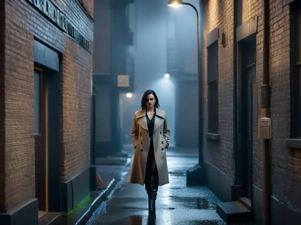 Jessica Jones en un callejón oscuro, examinando pistas bajo la lluvia en blanco y negro, capturando la esencia de una serie de detectives