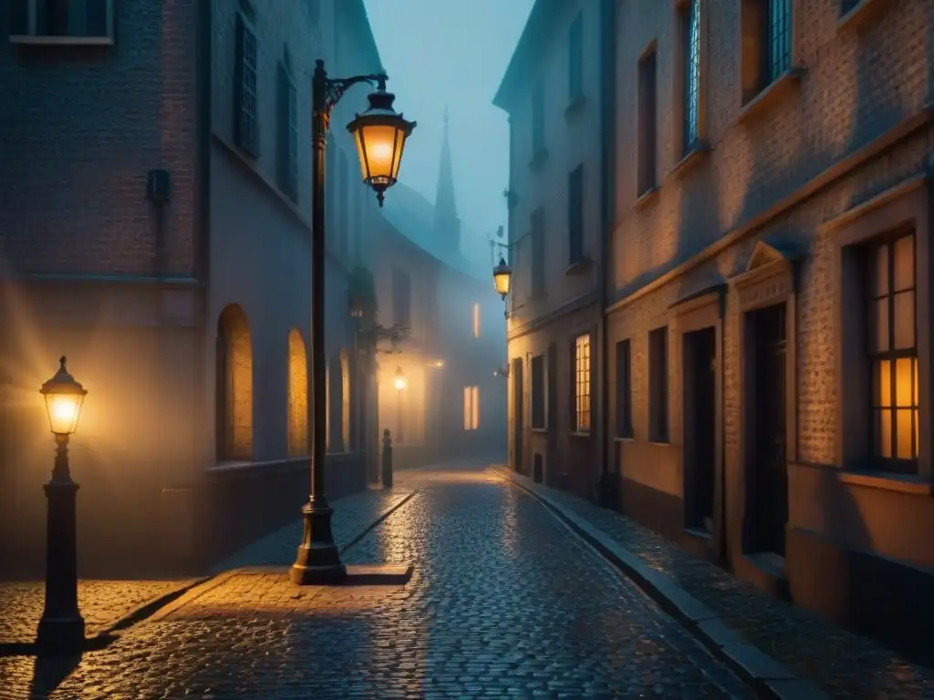 Un callejón oscuro con una solitaria farola iluminando las sombras en el suelo empedrado