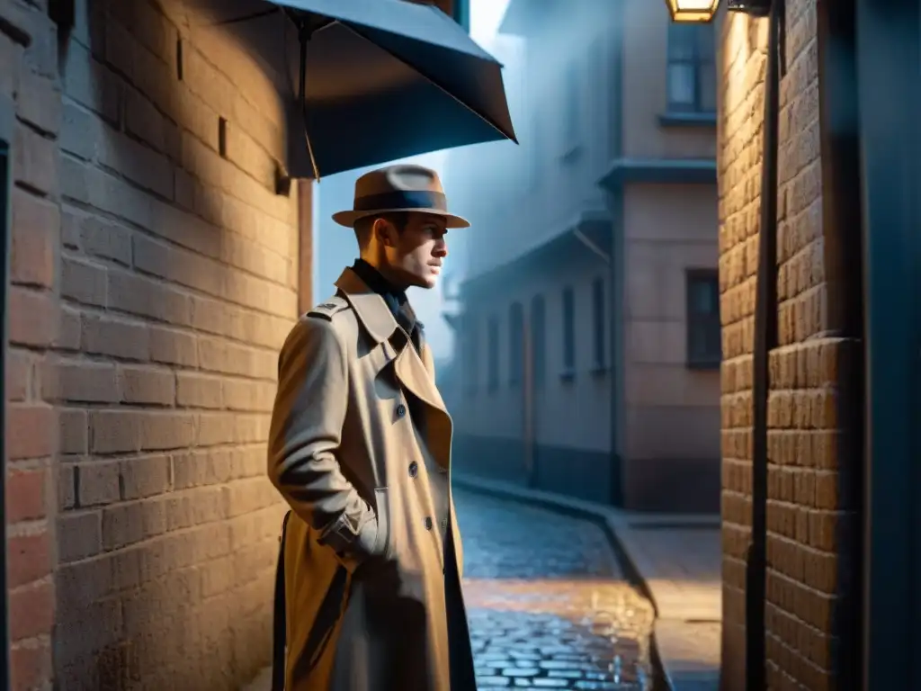 Un callejón oscuro con sombras sobre adoquines, una figura solitaria bajo una farola, con un gadget futurista de defensa personal