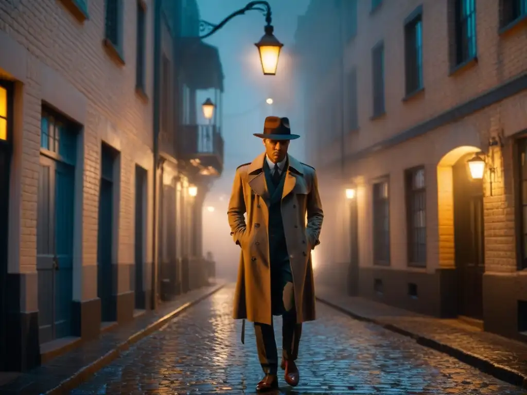 Un callejón oscuro con sombras proyectando patrones dramáticos en los adoquines mojados