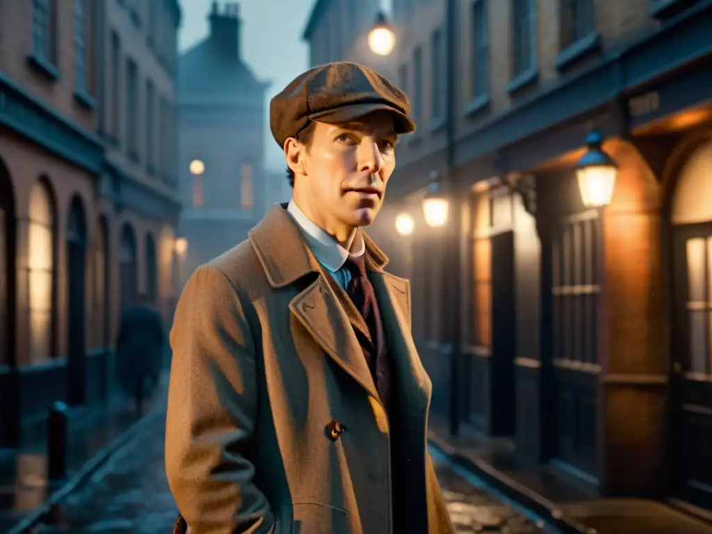 Sherlock Holmes de Benedict Cumberbatch en un callejón oscuro de Londres, con su sombrero y abrigo, examinando pistas con una lupa