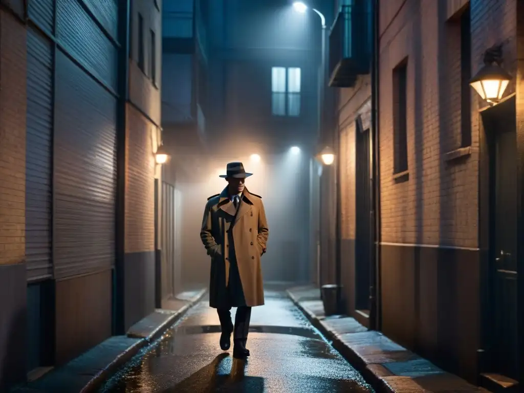 Un callejón oscuro y sombrío en un entorno urbano áspero, iluminado solo por la tenue luz de una farola parpadeante