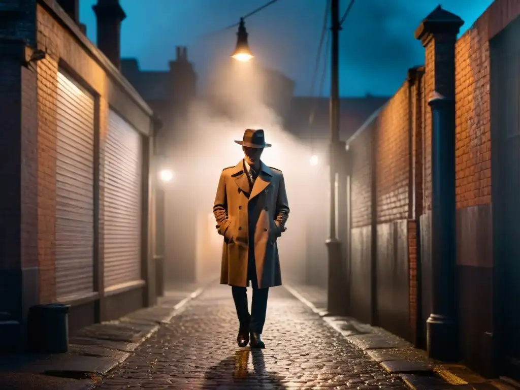 Un callejón oscuro y sombrío iluminado por la tenue luz de una farola parpadeante, creando largas sombras en el pavimento húmedo