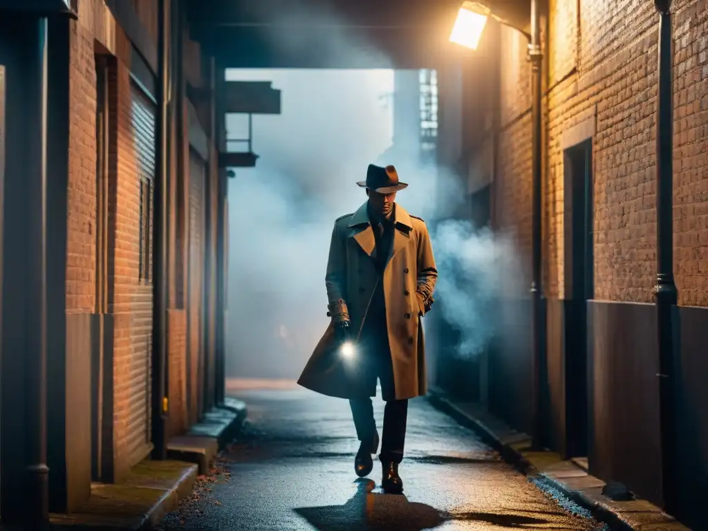 Un callejón oscuro y sombrío iluminado por una sola farola temblorosa, con siluetas misteriosas y un carro vintage