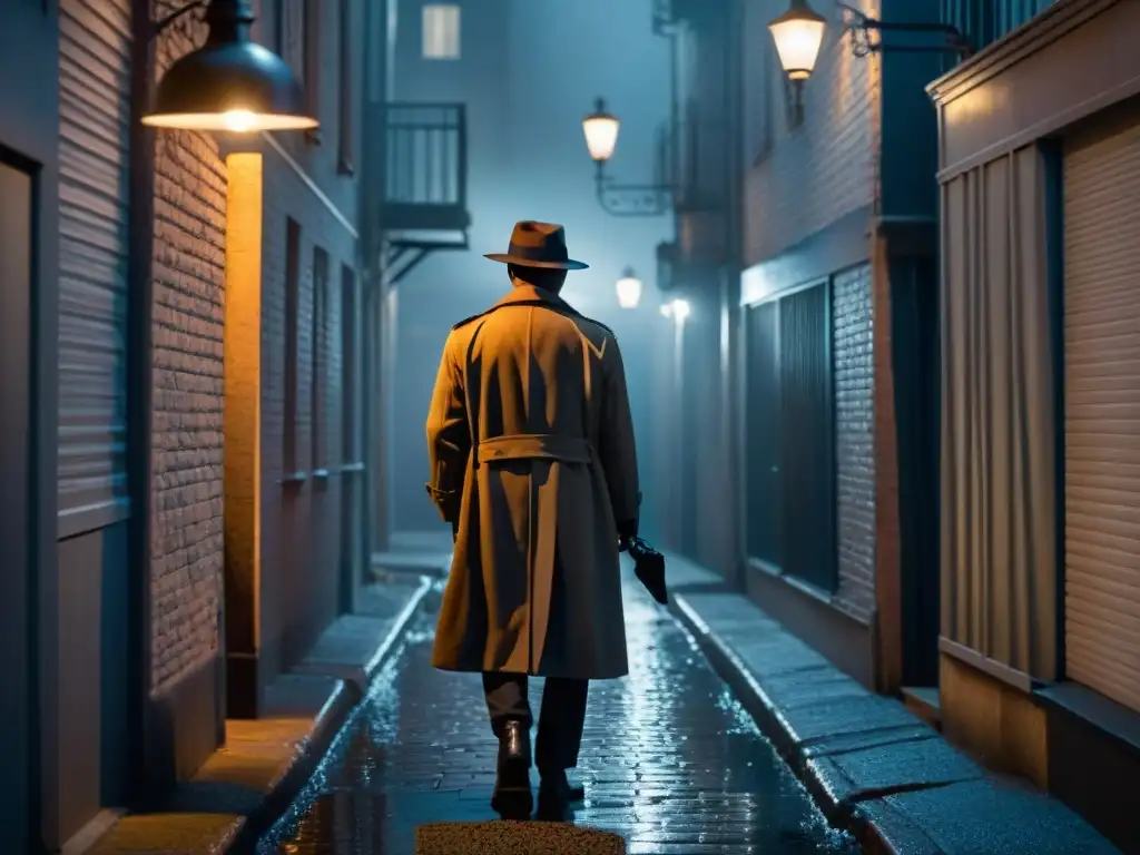 Un callejón oscuro y sombrío iluminado por la luz tenue de una farola parpadeante, proyectando largas sombras en el suelo empedrado mojado