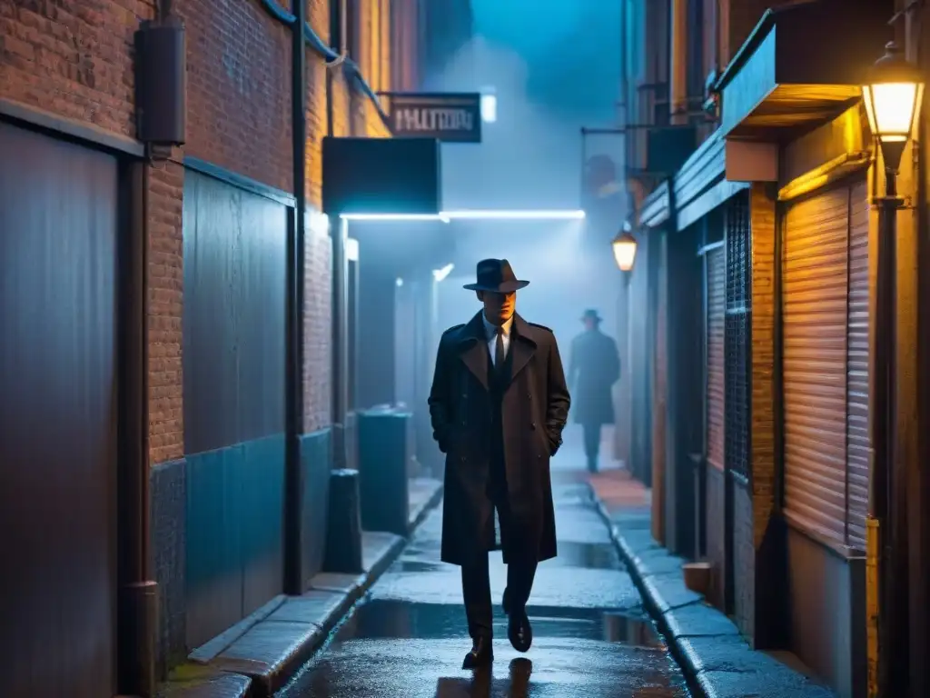 Alleyway misterioso con siluetas en sombras bajo luz de neón Un callejón oscuro y sombrío iluminado por la luz parpadeante de un letrero de neón, creando una atmósfera misteriosa con figuras en silueta