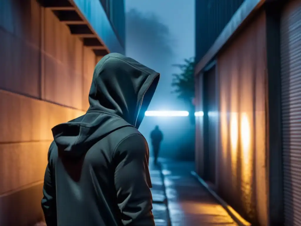 Un callejón oscuro y sombrío de noche iluminado por la luz tenue de una farola parpadeante