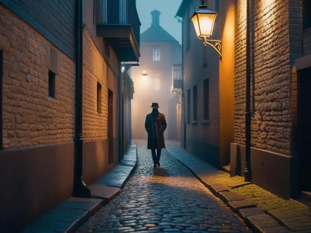 Un callejón oscuro y sombrío de noche, con una figura solitaria caminando hacia una lámpara de la calle débilmente iluminada, proyectando una larga y ominosa sombra detrás de ellos