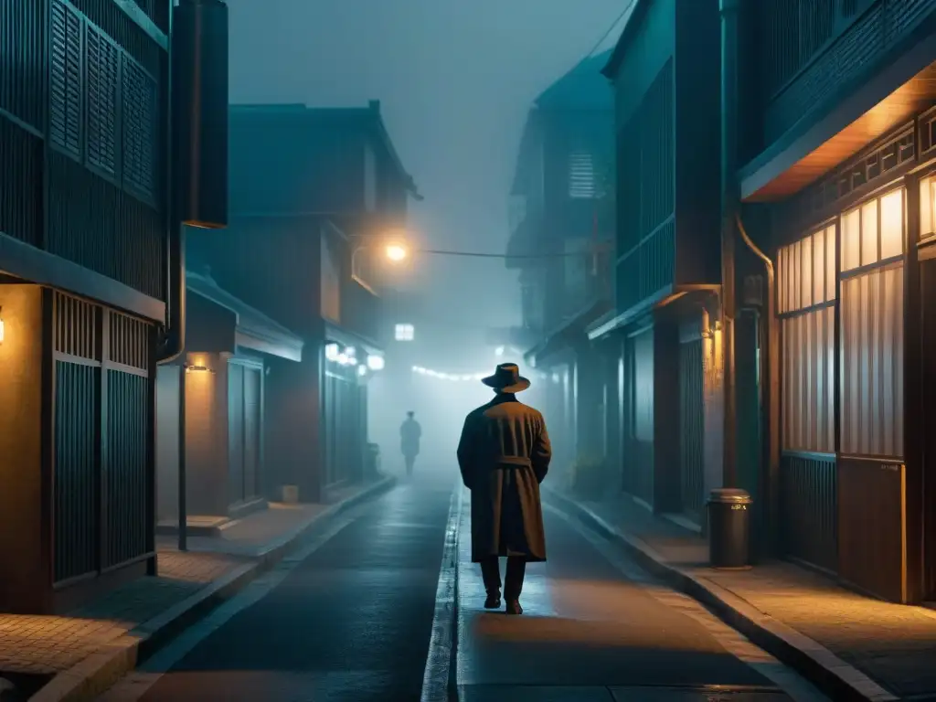 En un callejón oscuro de Seúl, Corea del Sur, una figura solitaria con gabardina y sombrero de fedora bajo una farola parpadeante