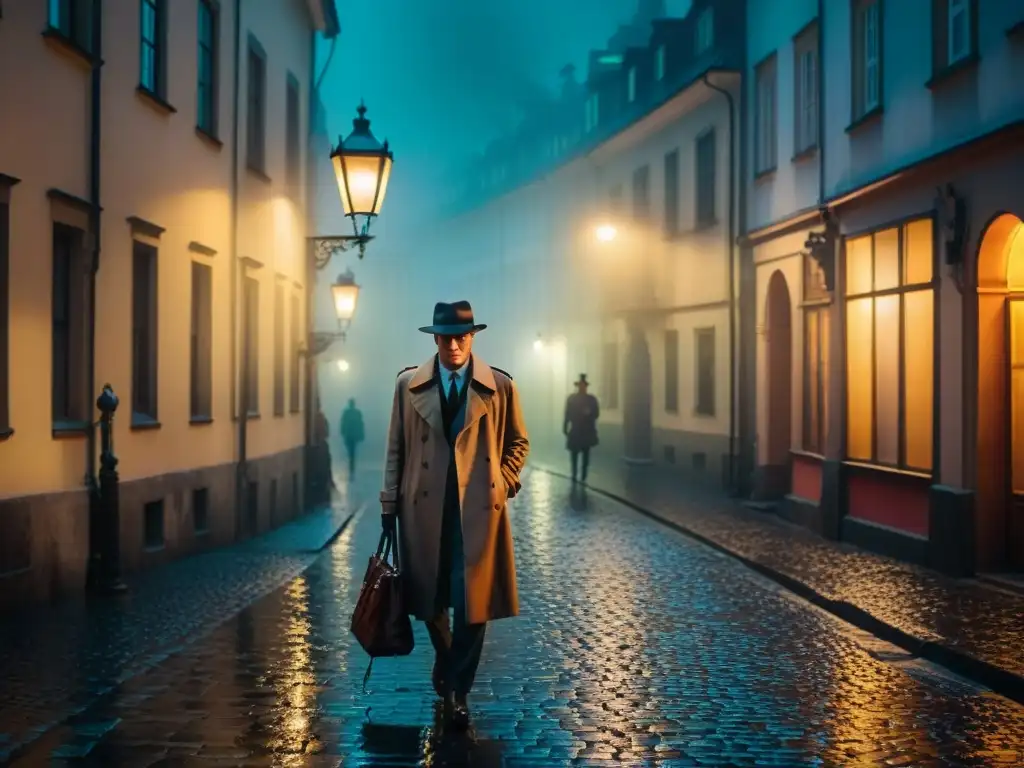 Un callejón de Praga en penumbra, con un detective bajo la luz de una farola, reflejos de neón crean atmósfera de Film Noir