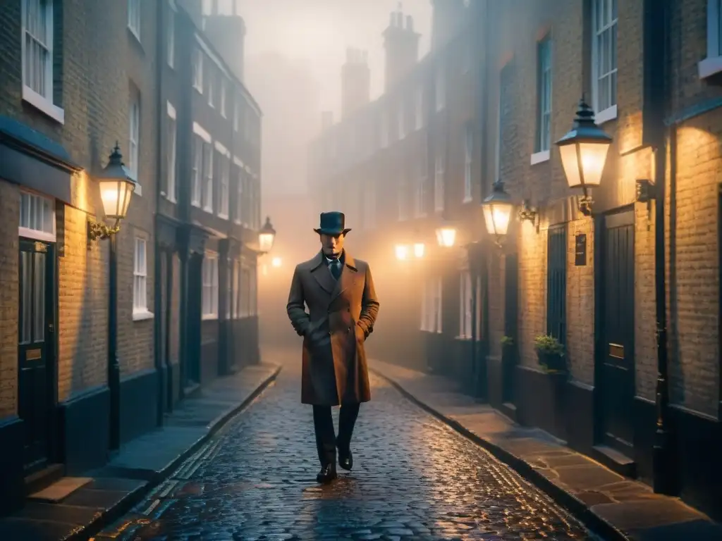 Un callejón de Londres en penumbra, envuelto en niebla, donde se perfilan detectives icónicos como Sherlock Holmes y Hercule Poirot