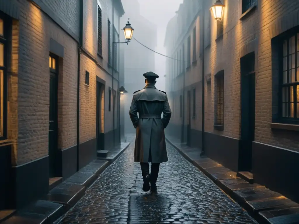 Un callejón en penumbra bajo la niebla, con una única farola proyectando una sombra ominosa