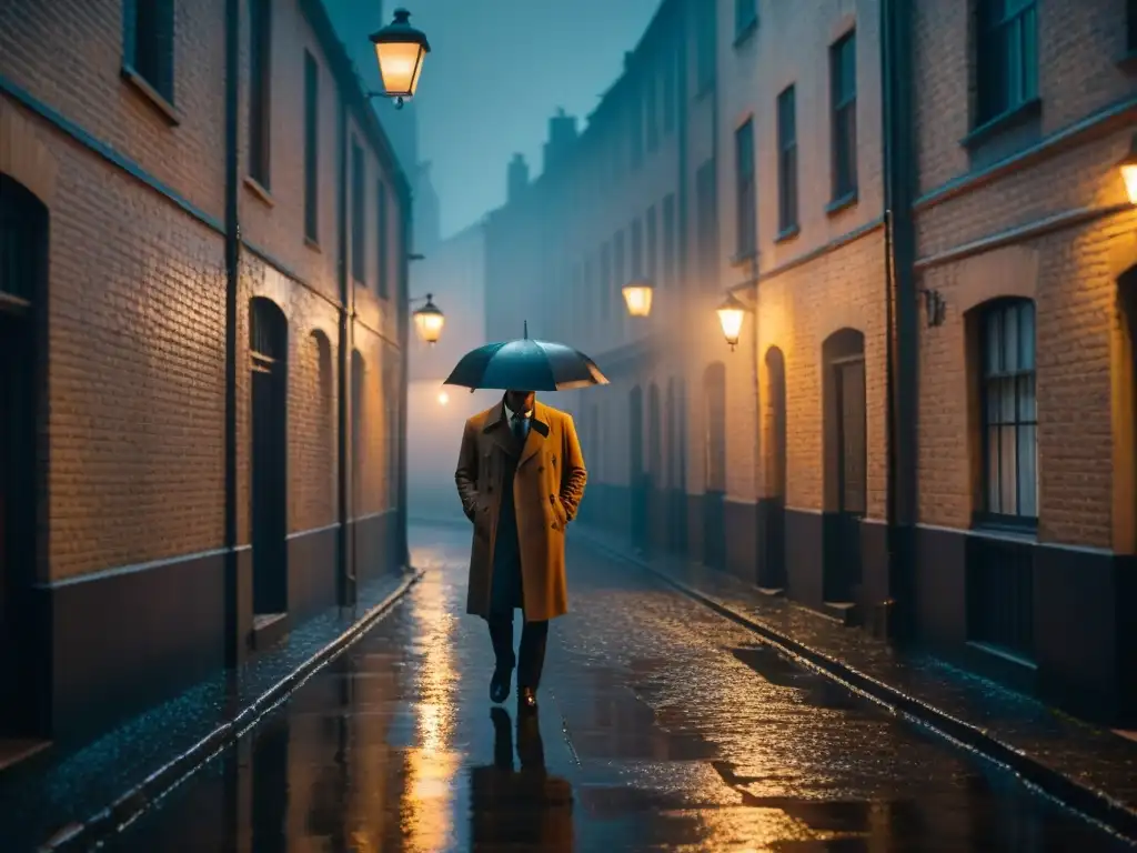 Un callejón en penumbra en una noche lluviosa, con adoquines brillantes bajo la luz de una farola intermitente