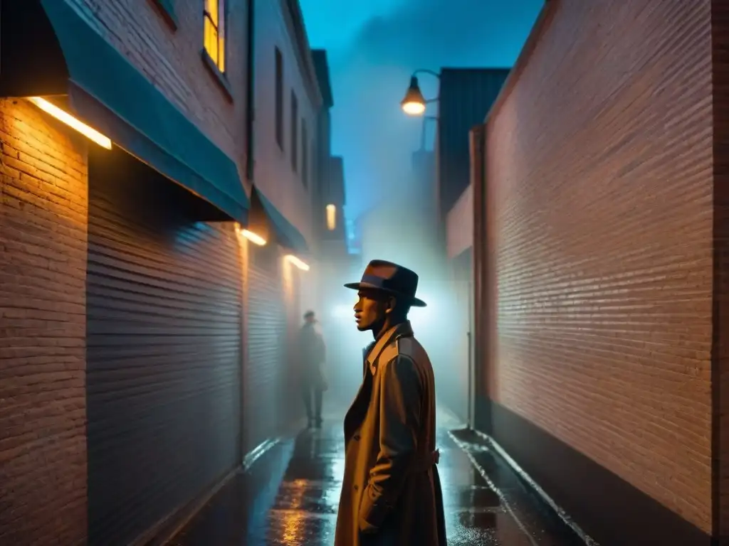 Noche lluviosa en un callejón oscuro: misterio y sombras Un callejón en penumbra, con sombras bailando por las paredes bajo luces de neón