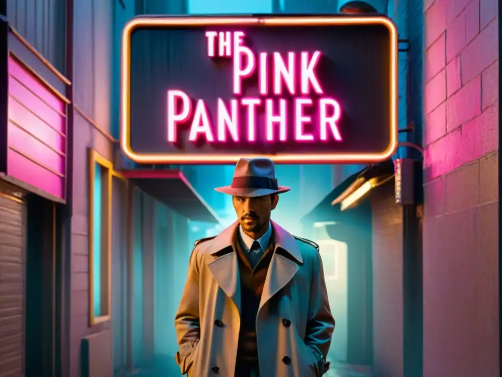 Un callejón con sombras proyectadas por las luces de la calle, una figura misteriosa bajo un letrero de neón que dice 'The Pink Panther'