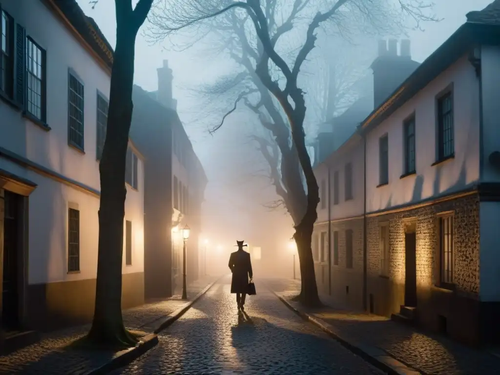 Un callejón sombrío de adoquines iluminado por la tenue luz de una farola parpadeante, creando siluetas misteriosas