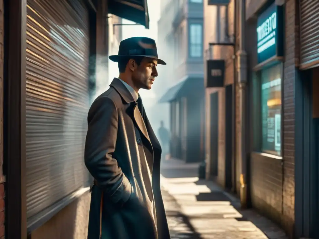 Un callejón sombrío con un ambiente noir, figura con gabardina y fedora fumando