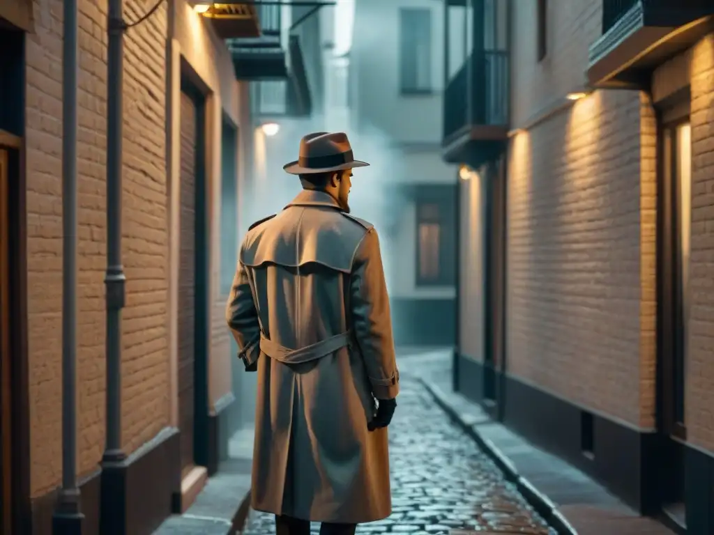 Un callejón sombrío en blanco y negro, con una figura misteriosa bajo una farola parpadeante