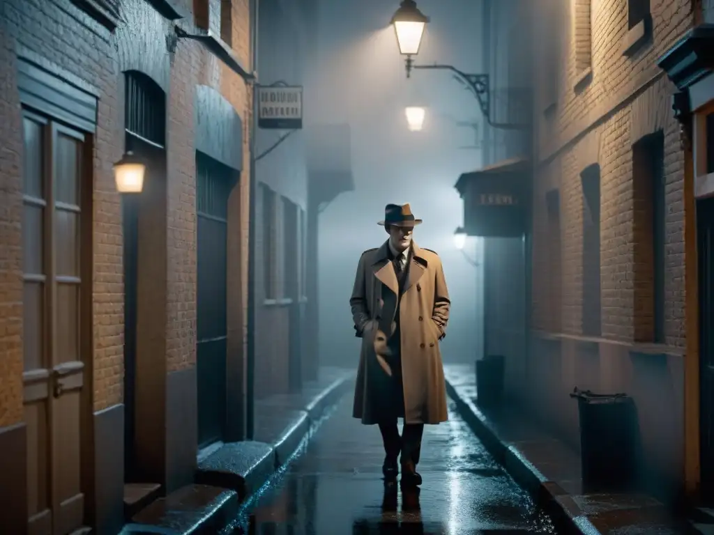 Un callejón sombrío en blanco y negro, con un misterioso personaje bajo la luz de la farola