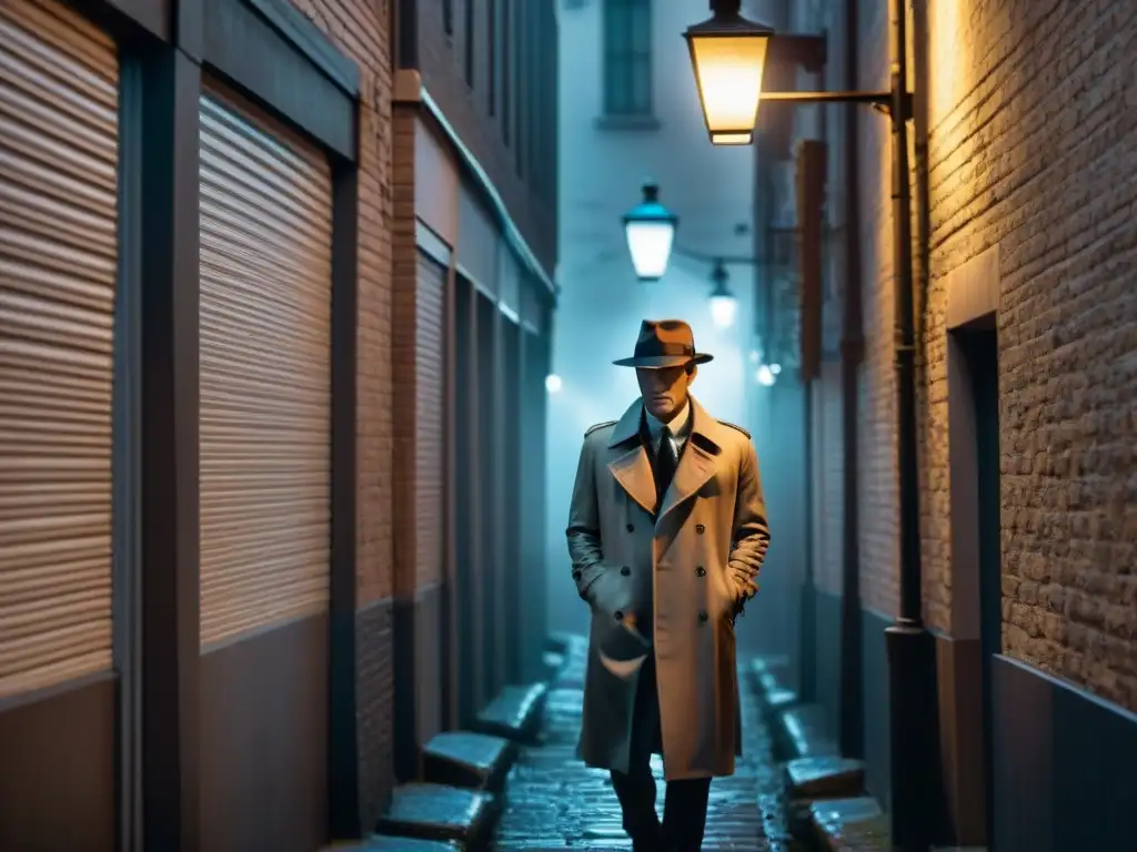 Un callejón sombrío en blanco y negro con un detective solitario bajo la luz de una farola distante