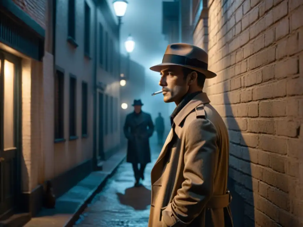 Un callejón sombrío en blanco y negro, con una figura en gabardina y fedora fumando