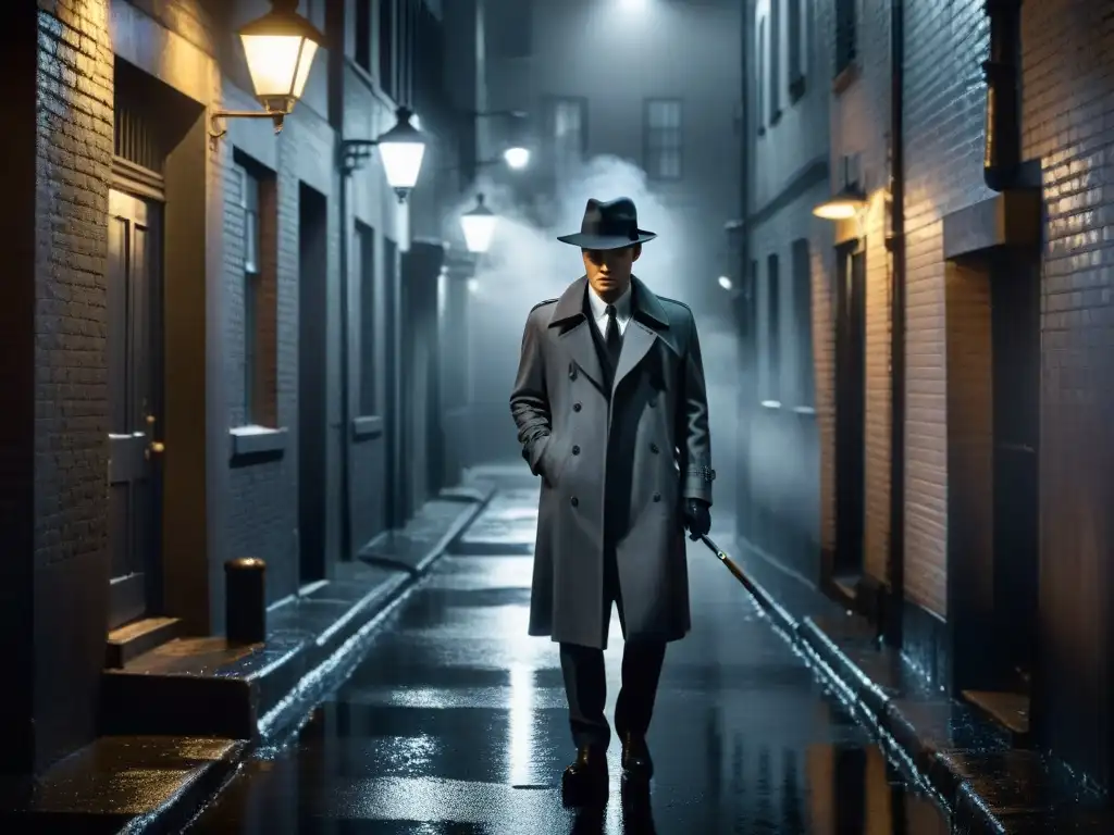 Un callejón sombrío en blanco y negro, lluvia suave y luces brillantes en el pavimento mojado