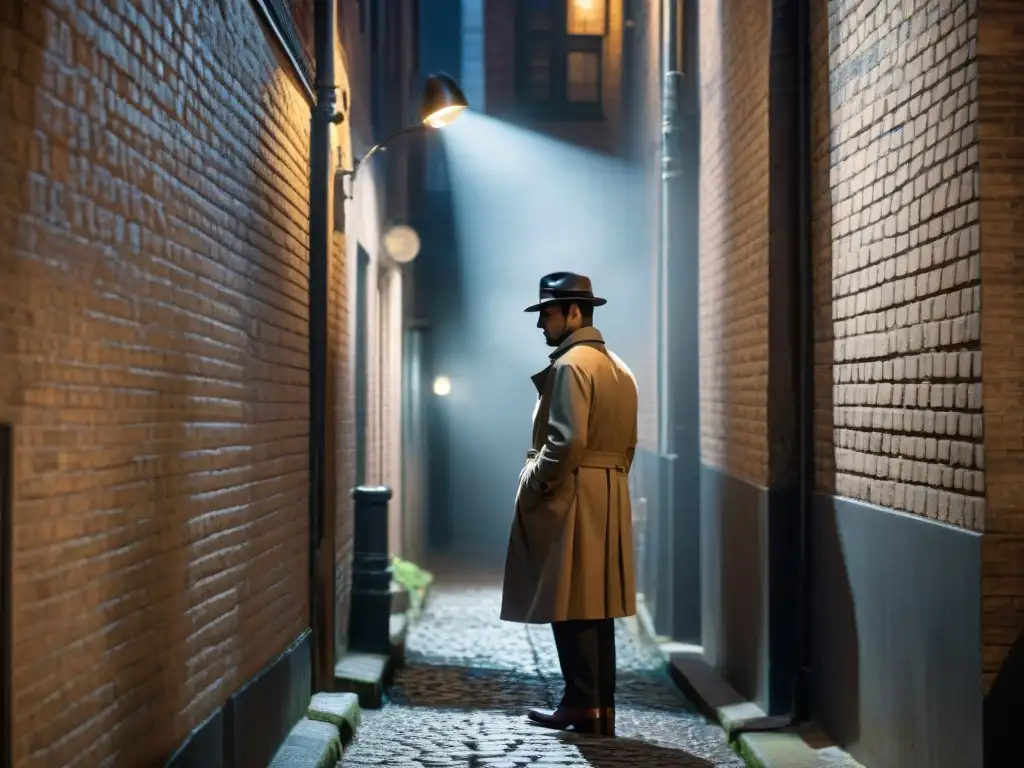 Un callejón sombrío en blanco y negro, iluminado solo por la tenue luz de una farola parpadeante