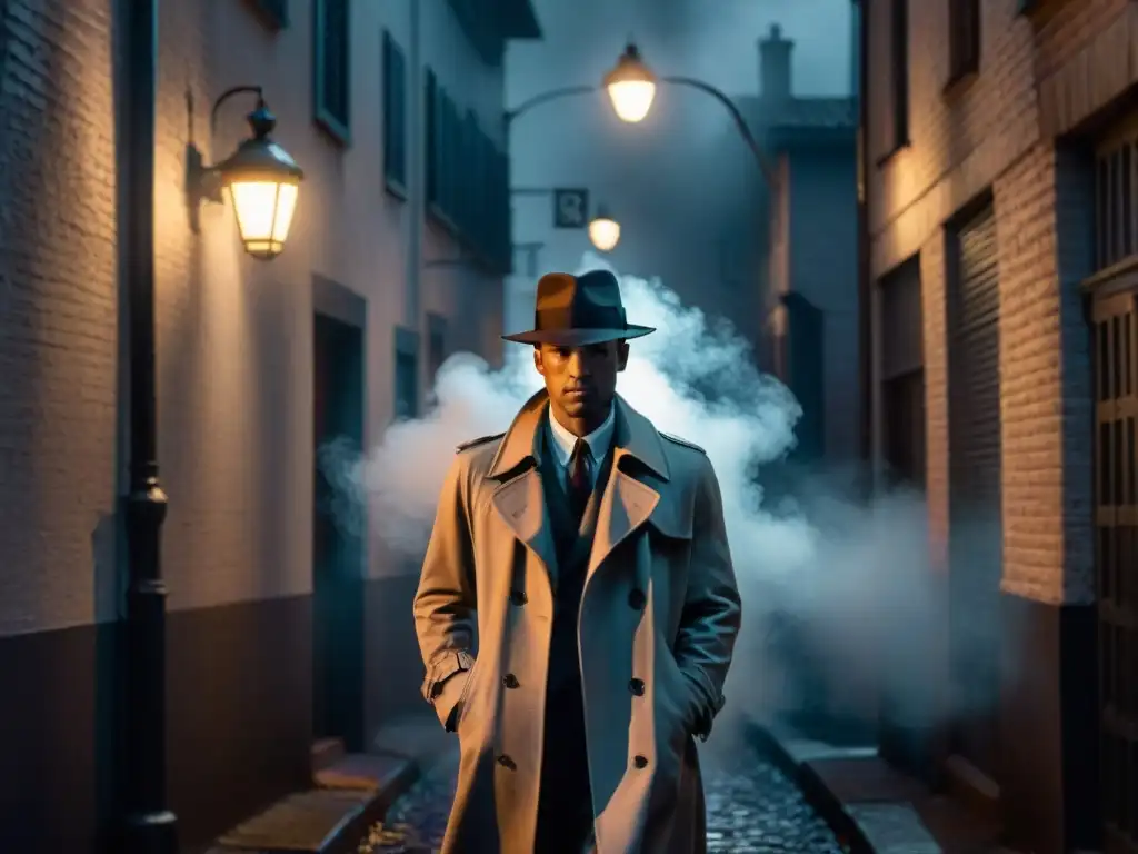 Un callejón sombrío en blanco y negro con un misterioso detective bajo la luz de la farola, humo de cigarrillo flotando a su alrededor