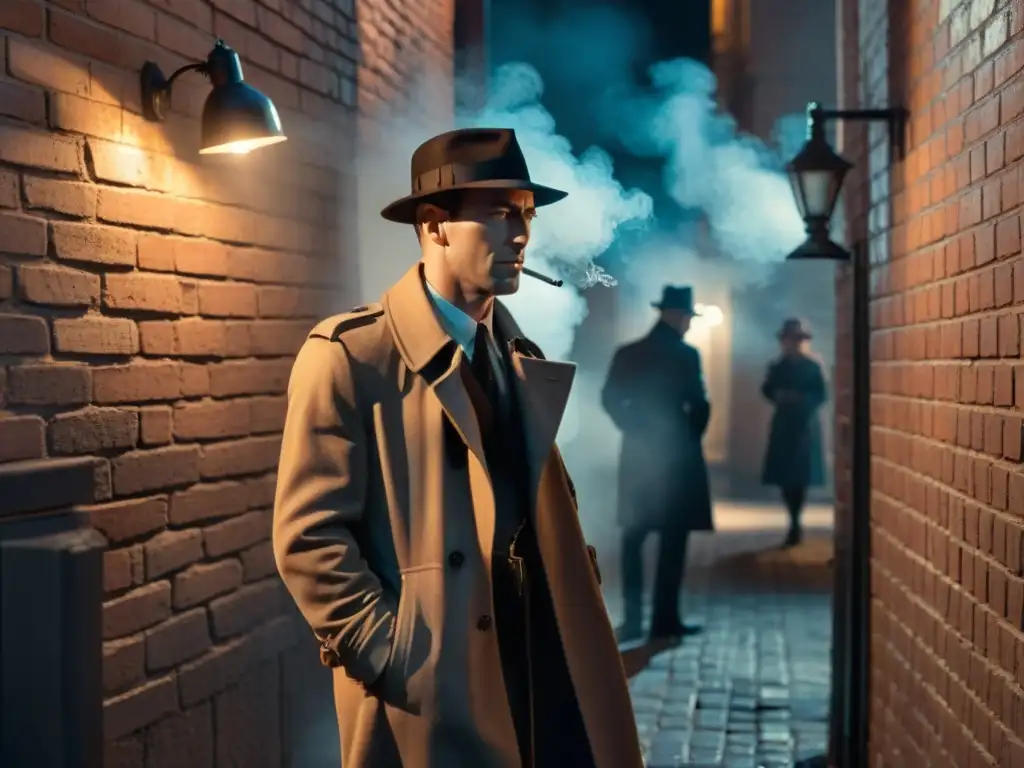 Un callejón sombrío en blanco y negro con una figura misteriosa en un sombrero de fedora y gabardina, iluminada por la luz de una farola parpadeante