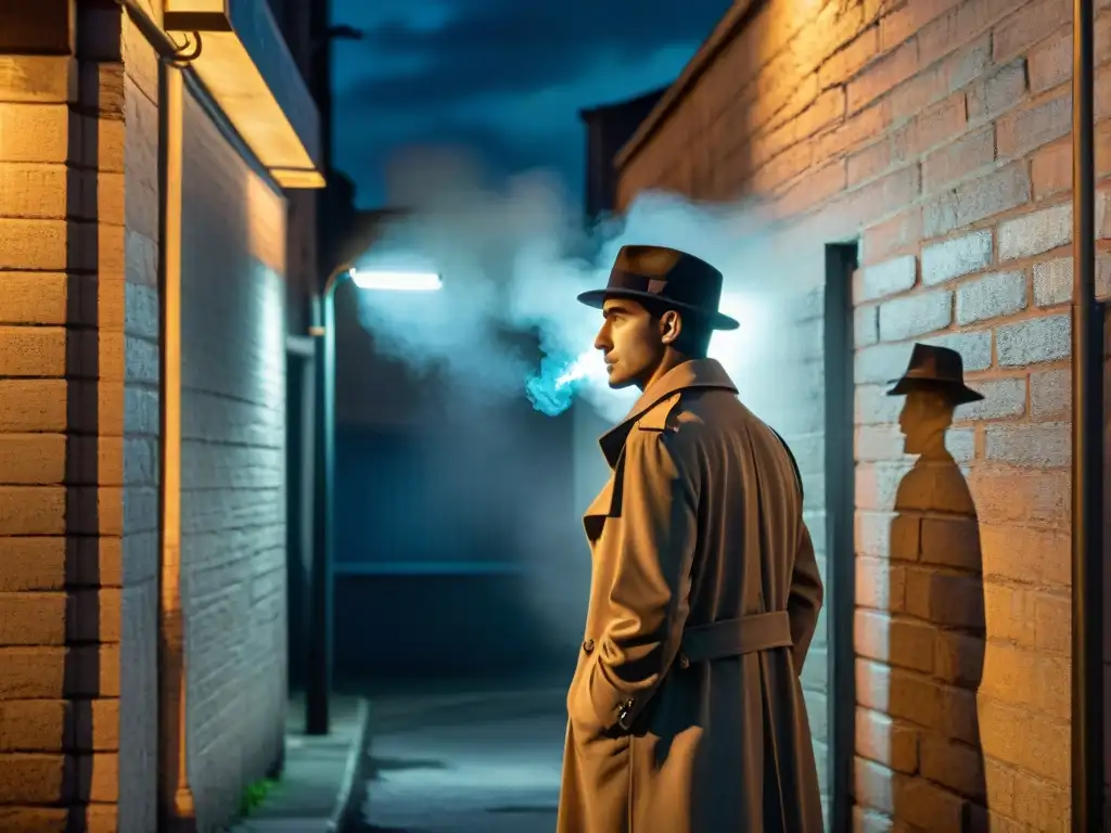 Un callejón sombrío en blanco y negro con una figura misteriosa bajo la luz de una farola, humo de cigarro flotando en el aire