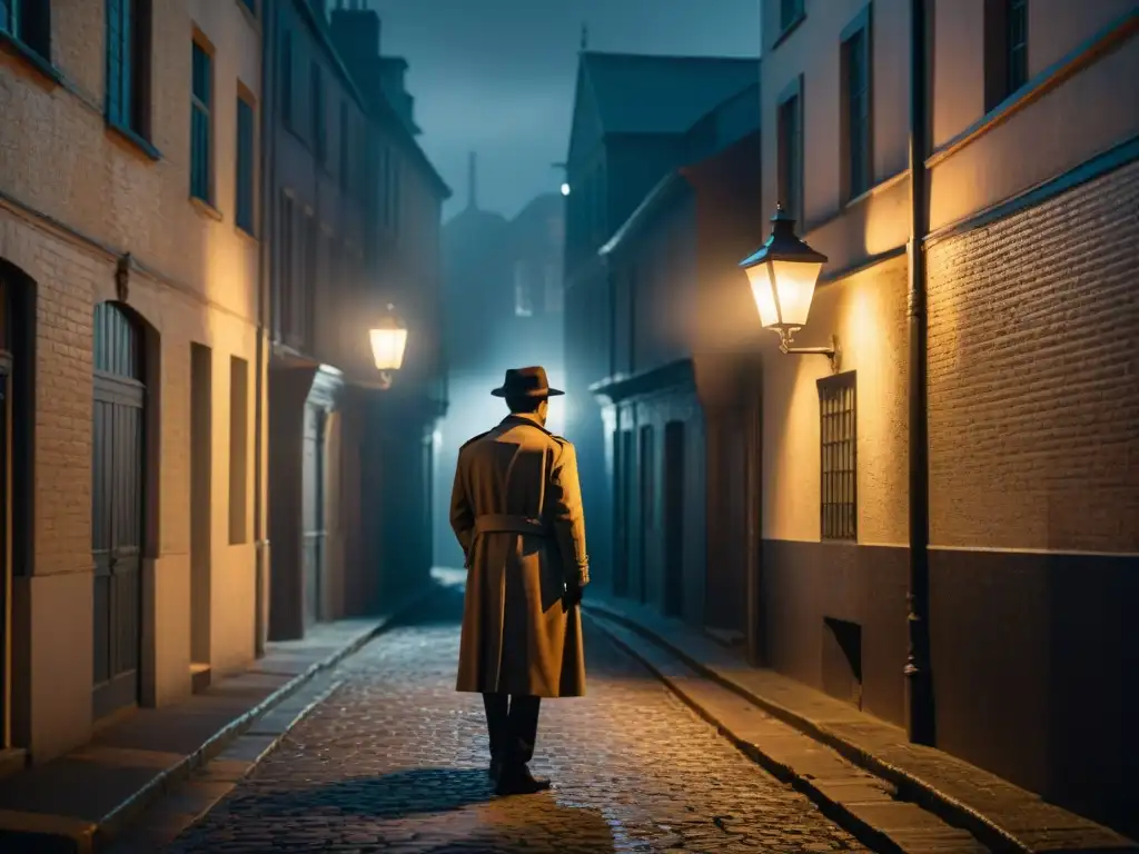 Alleyway misterioso en ciudad portuaria: escena de Film Noir Un callejón sombrío en una bulliciosa ciudad portuaria, iluminado por la tenue luz de una farola vintage