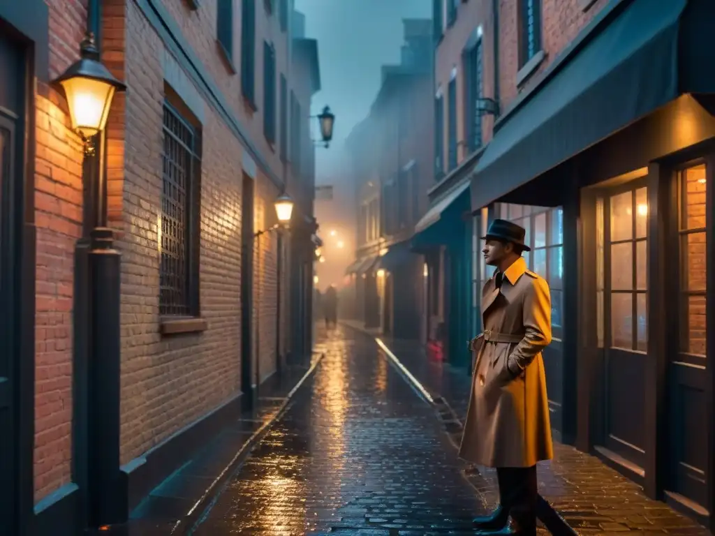 Un callejón sombrío en una ciudad bulliciosa, el suelo de adoquines brillando con la lluvia, reflejando las luces de neón de las tiendas cercanas