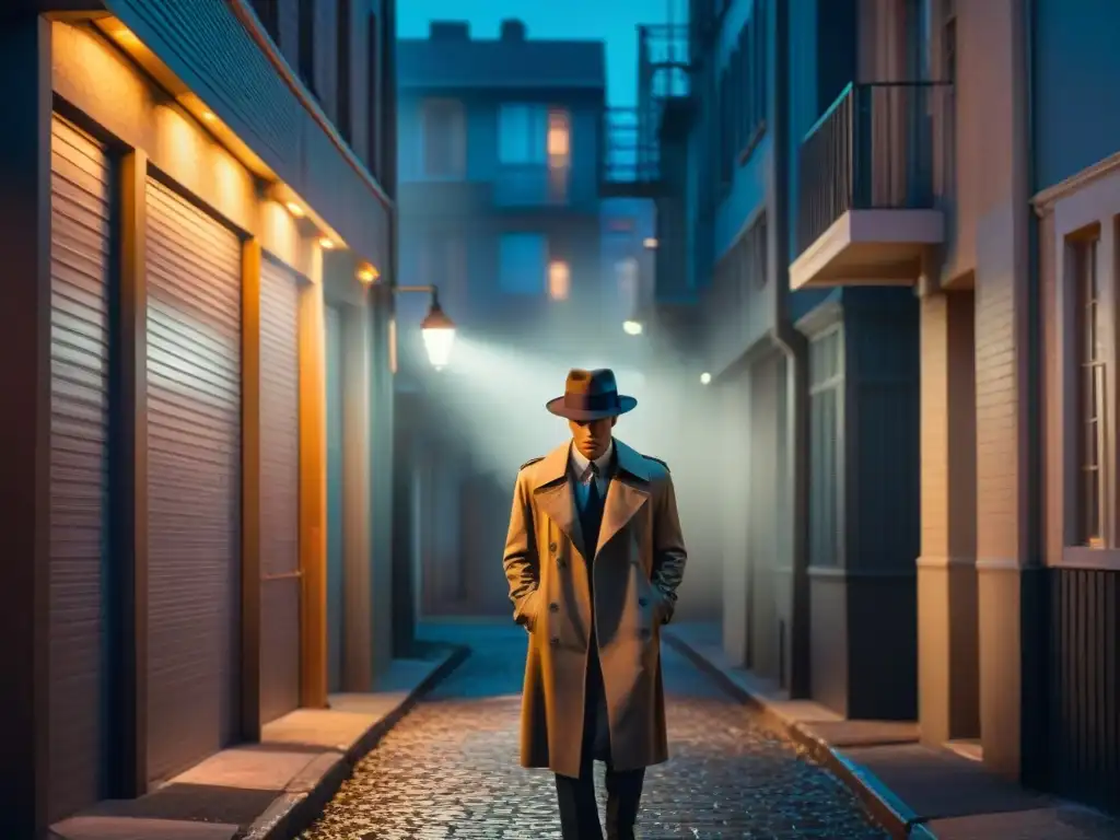 Un callejón sombrío en una ciudad bulliciosa de noche, sombras proyectadas por la luz de neón, mostrando a una figura misteriosa con gabardina y fedora debajo de una farola parpadeante