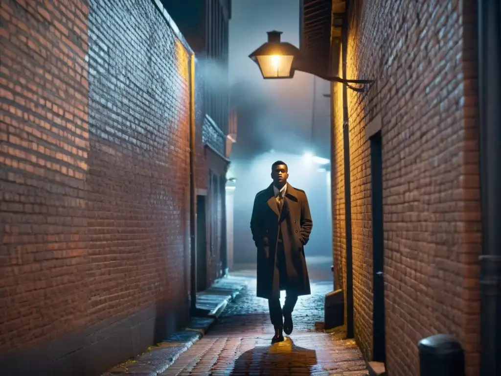 Alleyway nocturno: sombras y misterio en la ciudad Un callejón sombrío en una ciudad bulliciosa de noche, iluminado solo por la luz intensa de una farola