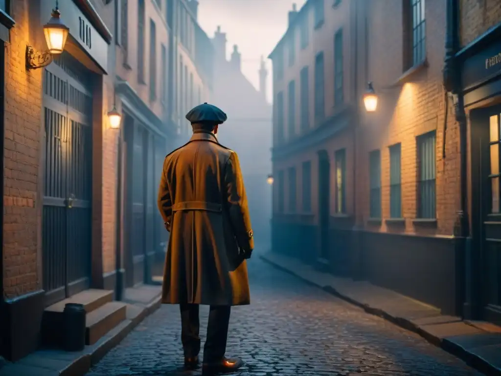 Misterio urbano: Sherlock Holmes del siglo XXI en la ciudad Un callejón sombrío en una ciudad bulliciosa, con sombras y niebla creando una atmósfera misteriosa y de suspenso