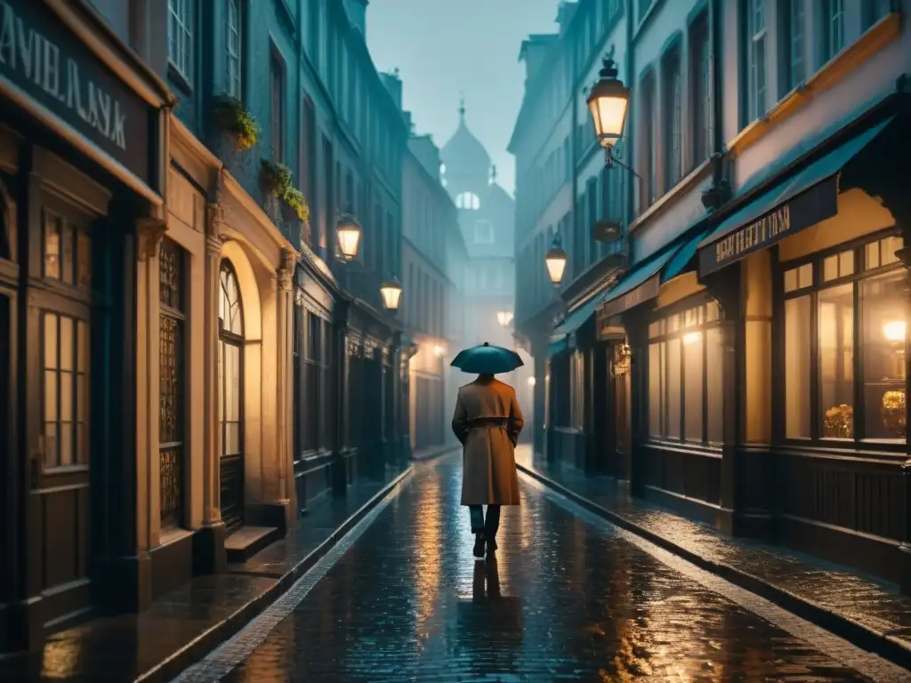 Un callejón sombrío en una ciudad europea, iluminado por una tenue farola