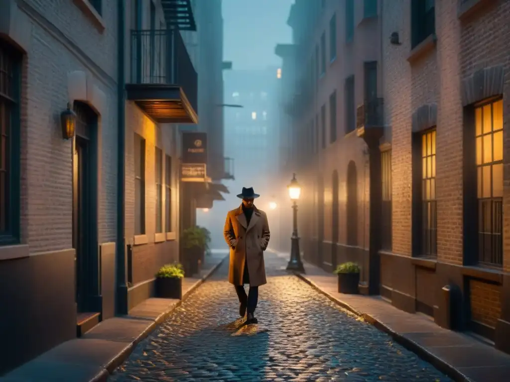 En un callejón sombrío de la ciudad de Nueva York, una figura solitaria envuelta en sombras bajo una farola parpadeante