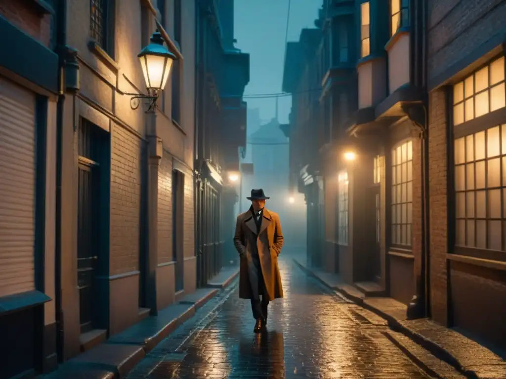 Un callejón sombrío en la ciudad, iluminado por una lámpara vintage