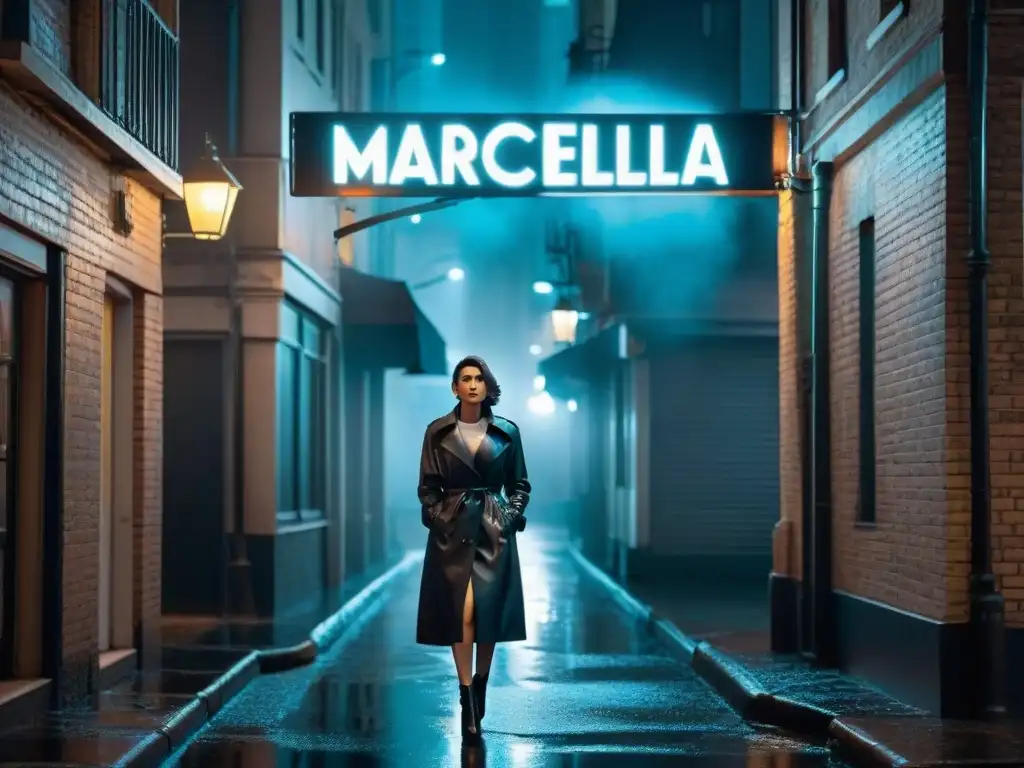 Un callejón sombrío en una ciudad lluviosa, con una misteriosa silueta bajo la luz de un letrero de neón que lee 'Marcella Temporada 3'
