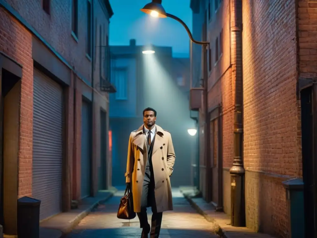 Un callejón sombrío en una ciudad, con un solitario en gabardina bajo una farola parpadeante, evocando el ambiente de 'The Wire'