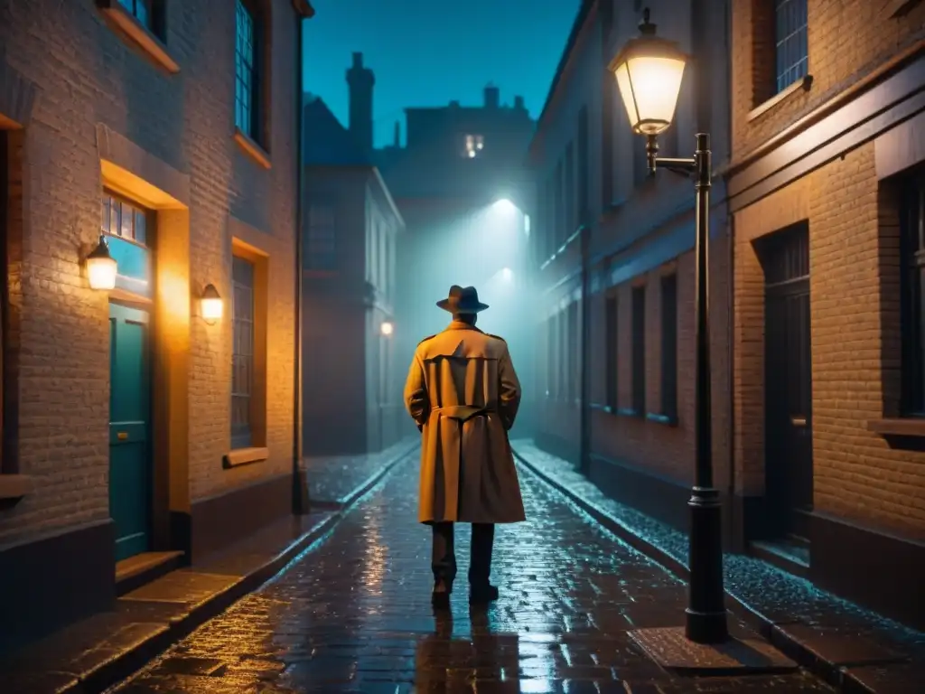 En un callejón sombrío, un detective solitario con gabardina y sombrero observa la ciudad bajo la lluvia, reflejando luces de neón en adoquines