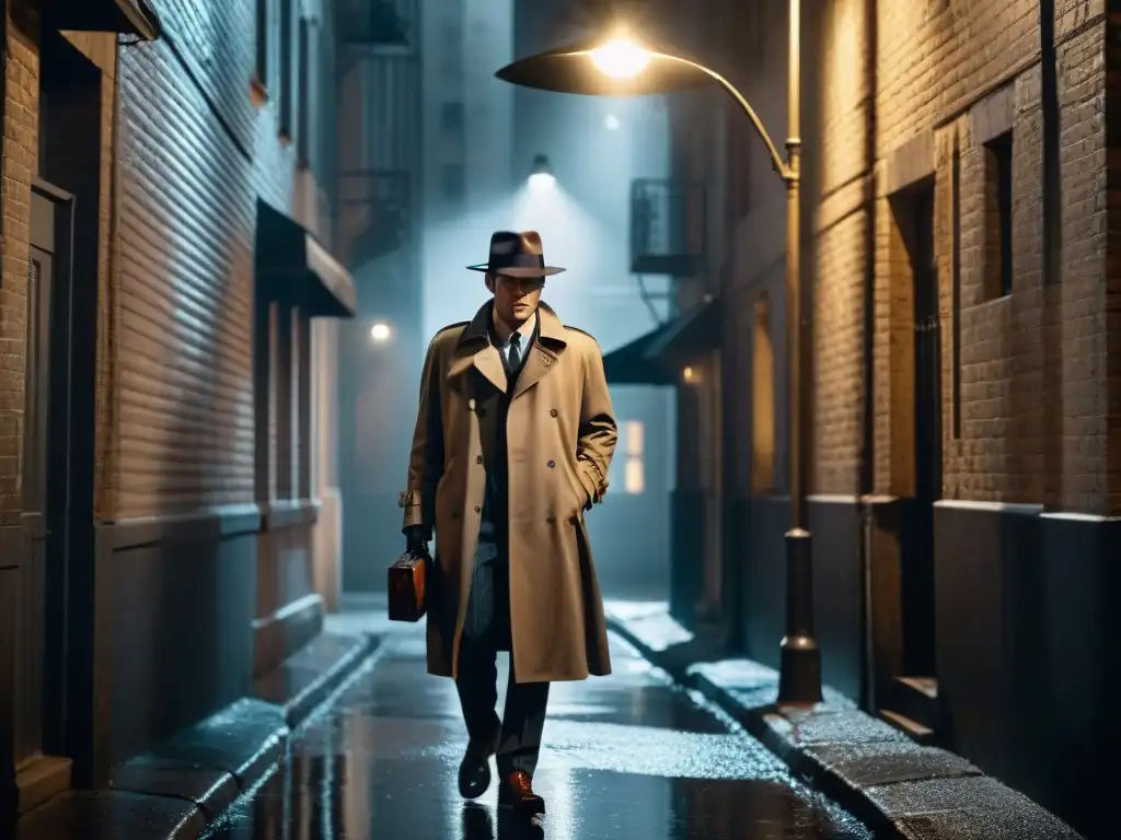 Detective solitario en la penumbra: misterio y intriga en blanco y negro En un callejón sombrío, un detective solitario bajo una farola titilante, en blanco y negro, evocando dramas personales de procedimentales policíacos