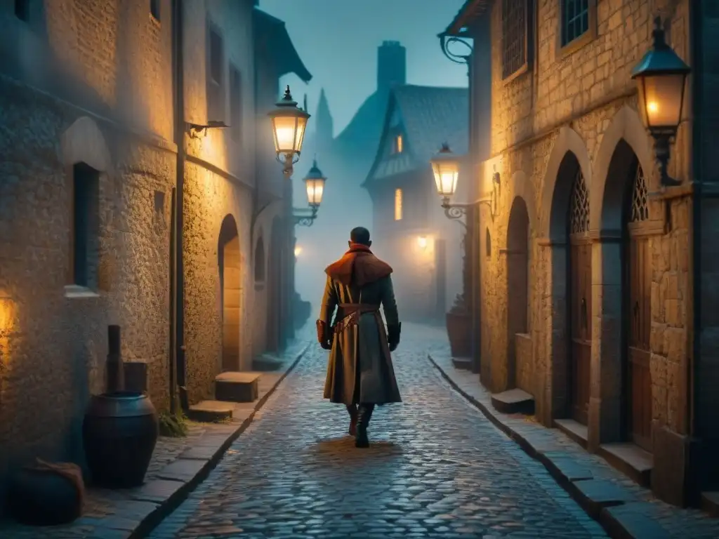 Un callejón sombrío en un entorno de fantasía medieval, envuelto en niebla bajo la luz de una sola lámpara parpadeante