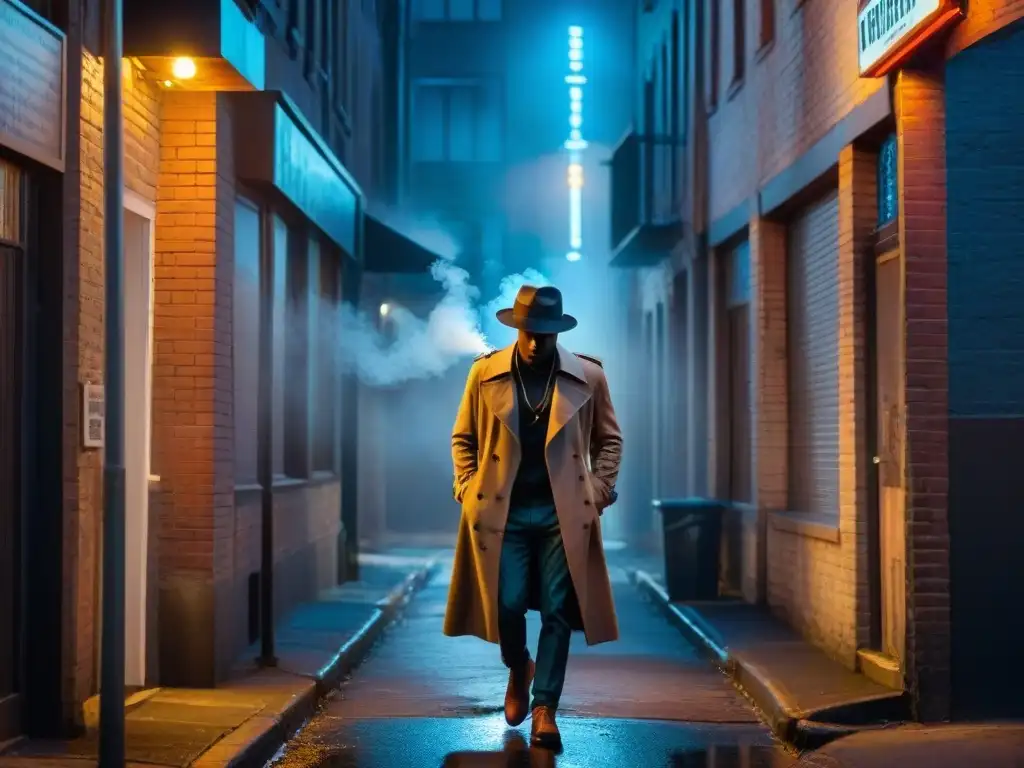 Un callejón sombrío en un entorno urbano, iluminado por una farola titilante