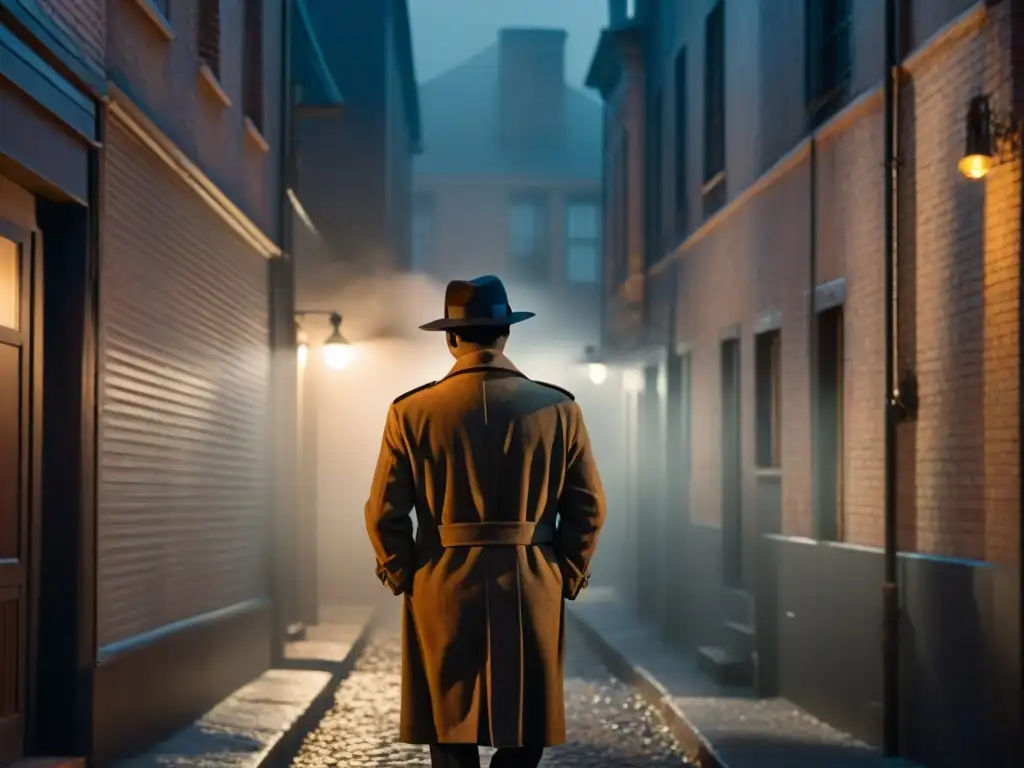 En un callejón sombrío envuelto en bruma, iluminado por la tenue luz de una farola, una figura con gabardina y sombrero mira hacia la oscuridad