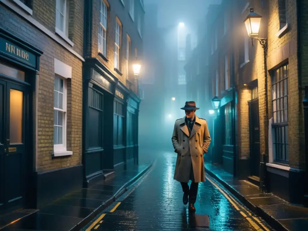 Un callejón sombrío en Londres, envuelto en niebla, con una figura solitaria bajo una farola titilante