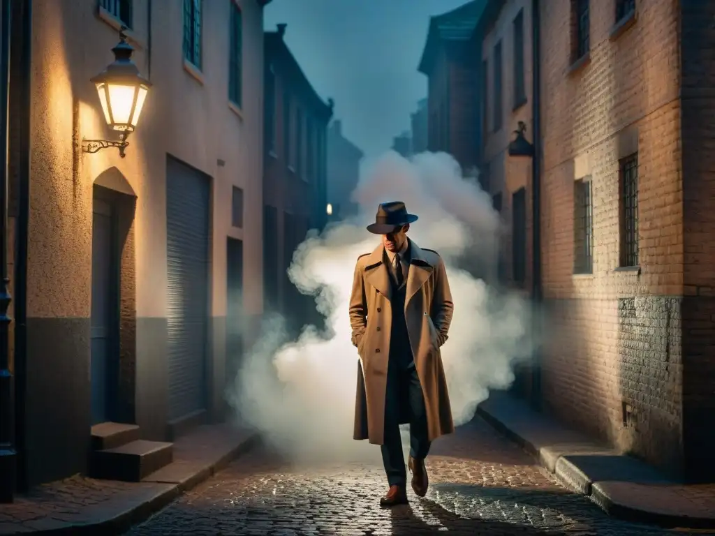 Un callejón sombrío envuelto en niebla, con una sola farola proyectando largas sombras