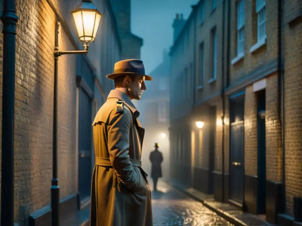 Un callejón sombrío en Londres, envuelto en niebla y sombras, con una figura solitaria bajo una farola parpadeante