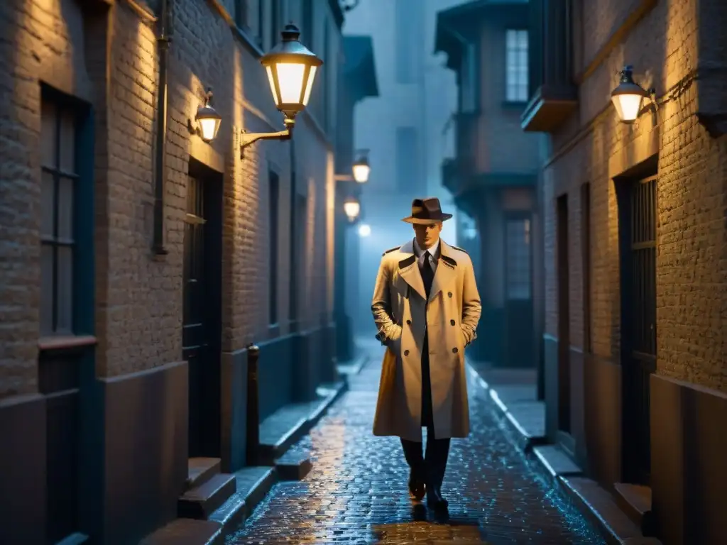 Un callejón sombrío en estilo cine negro, con figura misteriosa bajo farola, sugiere romance en historias de detectives